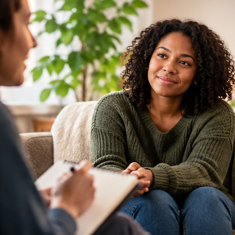 A counselor taking notes during a warm, supportive session with a client