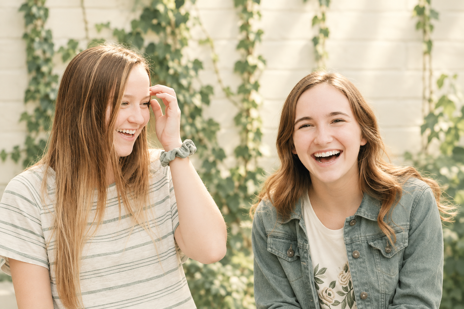 Two teenage girls laughing together outdoors against an ivy-covered wall